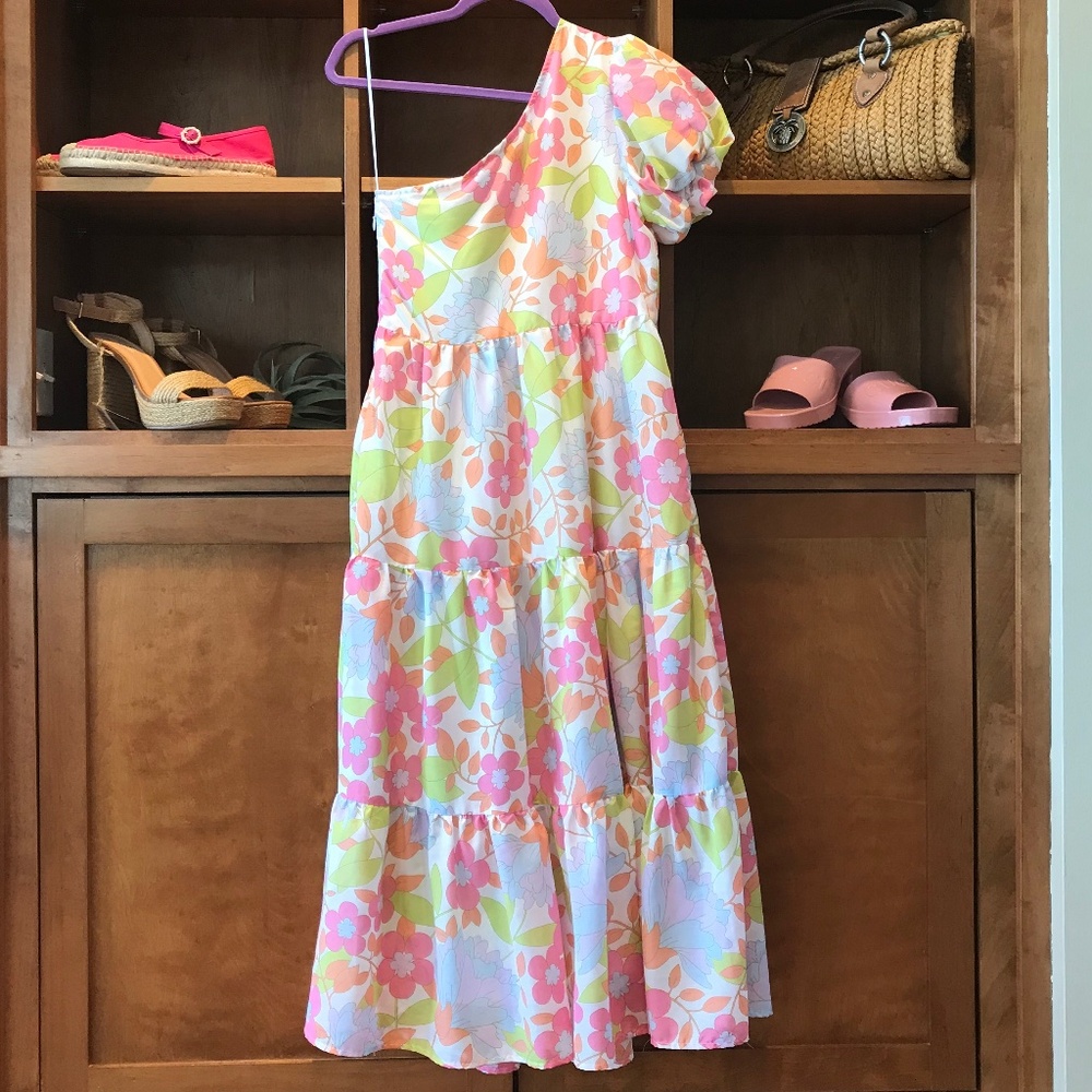 RESORT WEAR 🔥 J. MARIE FLORAL AVA MAE PUFF SLEEVE ONE SHOULDER MAXI DRESS - Picture 3 of 9